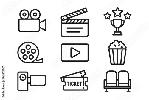 Cinema and Movie Icons Set. Editable linear vector clipart. Film production, entertainment industry, ticket, camera, clapperboard, award, movie reel, popcorn, seats, play button. Web design.