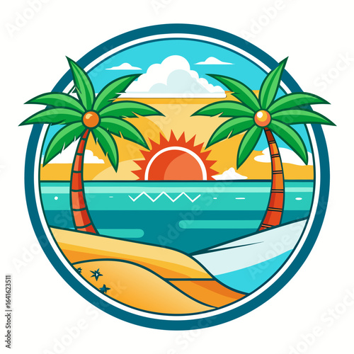 Vector art of idyllic summer emblem showcasing a tropical beach with two palm trees, a radiant sun, and calm ocean waters, perfect for vacation and travel themes