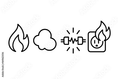 Electrical Fire Hazard Outline Icons Set. Vector symbols for fire safety, smoke, short circuit, overloaded socket, flame, risk warning, emergency, danger prevention, home safety, isolated illustration