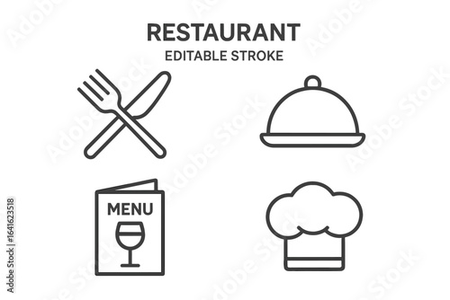 Restaurant outline icons set. Fork knife crossed, food platter, chef hat, menu vector illustrations. Editable stroke conceptual food service symbols for app, web, branding, hospitality marketing.