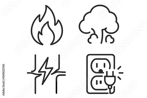 Fire Hazard Safety Icons. Outline vector set of flame symbol, smoke cloud, electrical short circuit, overloaded socket plug. Emergency danger sign, prevention, warning, fire risk concept illustration.