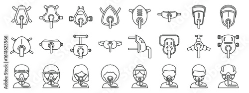 CPAP mask icons set. Line drawing of oxygen masks showing different models of breathing apparatus, worn by doctors, nurses and patients