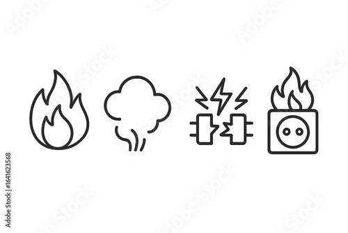 Fire hazard icons set. Outline flame, smoke cloud, short circuit, overloaded socket. Electrical, fire safety, danger warning, risk prevention symbols. Emergency, accident vector illustration.