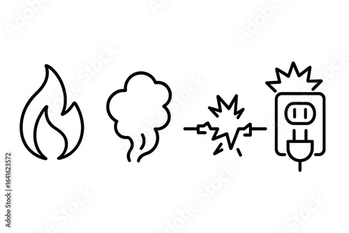 Fire safety hazard icons set. Outline vector symbols of flame, smoke, electrical short circuit, outlet overload. Prevention, risks, emergency, warning, danger, protection, household safety concepts.