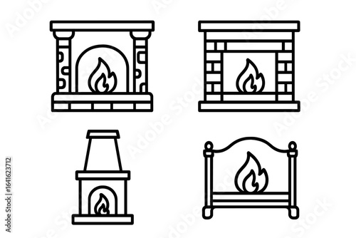 Outline Fireplace Icon Set. Vector Architectural Elements with Stone Mantel, Brick Hearth, Classic Chimney, Wrought Iron, Burning Flame, Home Heating, Cozy Traditional Hearth Silhouettes