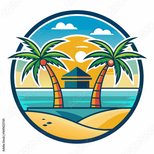 Vector art of vibrant tropical beach scene with palm trees, a small building, and the sun setting over the ocean, evoking a sense of paradise and summer vacation