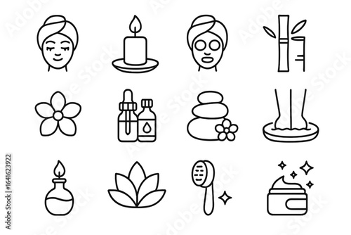 Spa and wellness concept vector icons set. Line art beauty symbols. Aromatherapy, skincare, candle, massage, essential oils, bamboo, flower, relaxation. Editable outline for web apps branding