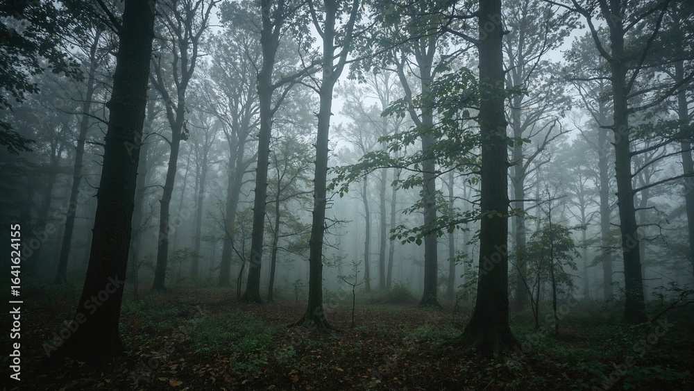Obraz premium Fog-covered woods featuring shadowy tree shapes