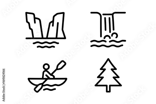 Fjord landscape vector icon set. Outline icons of Norwegian fjord scenery, steep rock cliffs, water reflection, dramatic waterfall, kayaking, pine tree silhouette for nature adventure tourism concept.