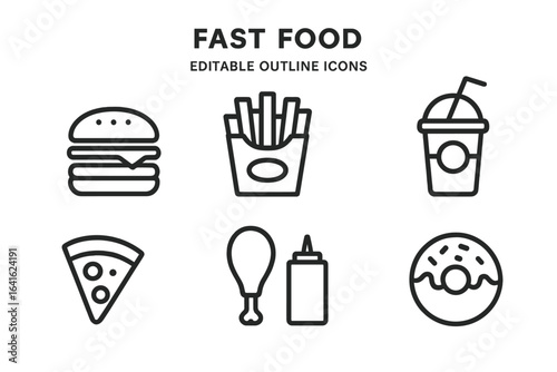 Fast food outline icons set for web, apps, graphic design. Editable vector line art. Burger, fries, pizza, donut, chicken leg, drink, sauce bottle. Conceptual snacks. Minimalist style.