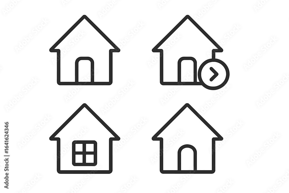 Home page navigation icons set. Modern minimalist house symbols for website menu, app UI, web applications, homepage link, user interface, property, real estate, internet resources, digital platforms. Home page navigation icons set. Modern minimalist house symbols for website menu, app UI, web applications, homepage link, user interface, property, real estate, internet resources, digital platforms.