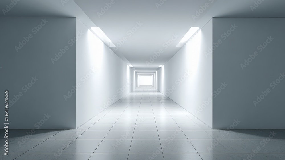Fototapeta premium Abstract Empty White Interior Corridor with Tile Flooring, Modern Architecture Design, and Bright Light