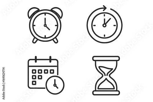 Time icon set. Vector linear symbols for time management, alarm, clock, timer, chronometer, calendar schedule, appointment, deadline, history, wait, sandglass, hourglass