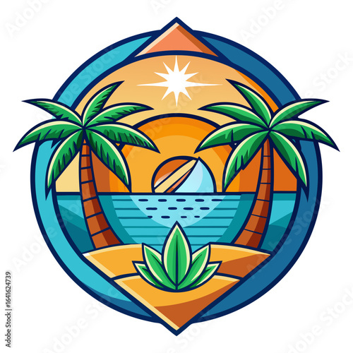 Vector art of vibrant tropical island sunset scene with palm trees and ocean waves, evoking a sense of paradise and summer vacation