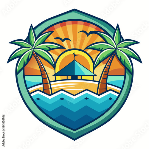 Vector art of tropical island getaway at sunset, featuring palm trees, ocean waves, and a serene beach scene, perfect for summer vacation