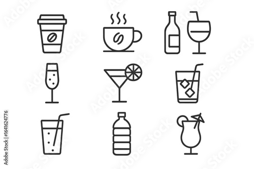 Modern outline icons set of popular drinks and beverages. Coffee cup, disposable cup, wine glass, bottle, cocktail, water bottle, juice glass, iced drink, party mocktail. Web, app, graphic resources.