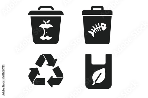 Food waste management icons set. Solid filled compost bin and trash can with organic waste, recycling symbol, biodegradable bag vector illustration. Eco-friendly disposal, zero waste concept.