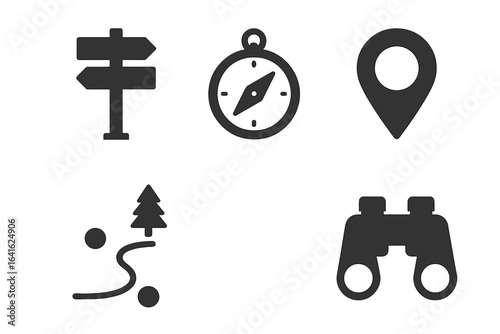 Forest Navigation Icons Set. Solid vector illustration collection of outdoor hiking symbols with trail signpost, compass, map pin, path, binoculars. Direction, adventure, exploration, travel concepts.