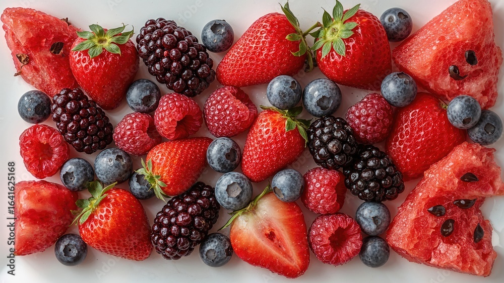 Obraz premium Assorted fresh fruits and berries arranged on a white surface
