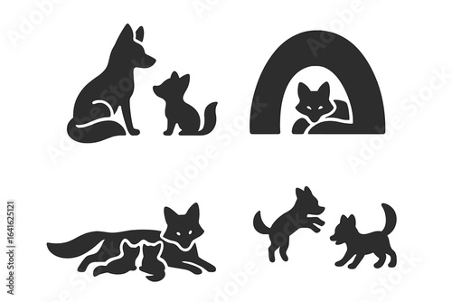 Fox Family Icon Set. Solid Filled Vector Icons of Foxes in Various Scenes Including Adult Fox with Kits, Fox Den Entrance, Nursing Fox, Playing Fox Kits, Wildlife Illustration