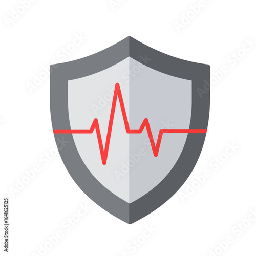 Healthcare protection and medical insurance concept icon. A flat design security shield with a red vital sign heartbeat or EKG pulse line.