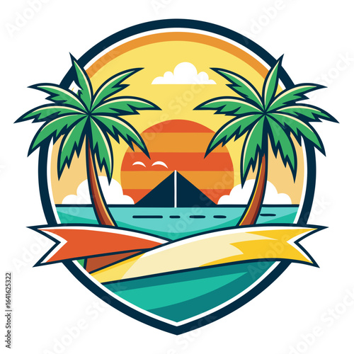 Vector art of vibrant tropical beach scene with palm trees, a surfboard, and a setting sun over the ocean, perfect for summer vacation and travel themes