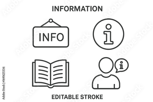 Information icon set. Info point symbol. Customer support and help desk signs. FAQ, guide, manual concepts. Vector line art for web and app UI and UX. Editable stroke.