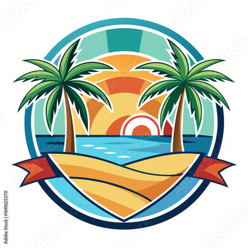 Vector art of stylized tropical beach emblem featuring palm trees, a surfboard, and a radiant sun over the calm sea, evoking a sense of summer paradise and travel