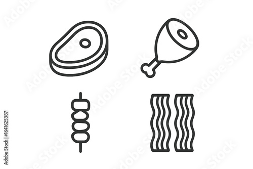 Meat icon set. Vector line icons for food concepts. Includes steak, beef, pork, bacon, chicken leg, ham, and shish kebab. For restaurant menu, butcher shop or web.