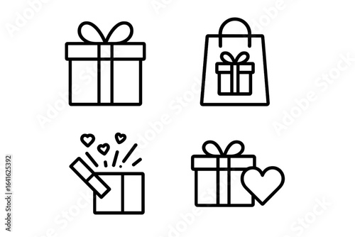 Gift box line icon set. Present, surprise, shopping bag, love, heart symbols. Holiday celebration, birthday, valentine's day present. Vector outline pictogram for web, app.