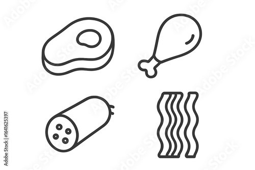 Meat products icon set. Vector line icons of steak, chicken leg, sausage, and bacon for web, apps, and butcher shop menus. Editable stroke graphic elements. Simple food.