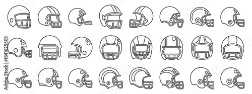 Rugby helmet icons set. Line art icons showcasing various football helmets, emphasizing player protection and the spirit of the game
