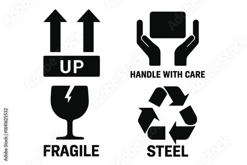 Set of Manipulation and Handling Symbols for Packaging, Cargo, and Goods Marking Including Recycling Steel Icons, Vector Illustration on Transparent Background for Logistics and Shipping