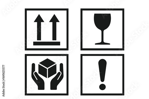 Set of manipulation and handling symbols for packaging, cargo, and shipping goods, including product box markings and vector elements for safe transport and logistics handling
