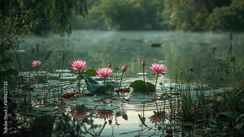 Fototapeta Naklejka Na Ścianę i Meble -  Abandoned lake adorned by blooming lotus in early hours