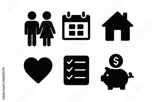 Solid Black Vector Icons Set of Couple Relationship, Calendar Planning, Family Home, Love Heart, Checklist, Piggy Bank Savings Concept for Future Goals and Financial Planning on Transparent Background