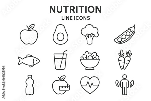 Set of linear nutrition icons in outline style, healthy food and lifestyle symbols, proper diet concept, infographic vector collection, wellness, vitamins, balanced eating elements