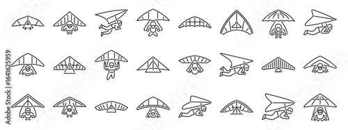 Hang gliding icons set. Hang gliding enthusiasts enjoying the thrill of flight, performing aerial maneuvers, line icons set showcasing different flight positions