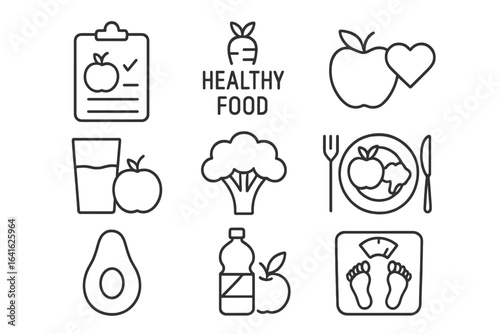 Healthy food and diet line icon set. Nutrition plan, weight loss control, and healthy lifestyle outline icons. Vector collection for wellness, fitness, and meal planning.