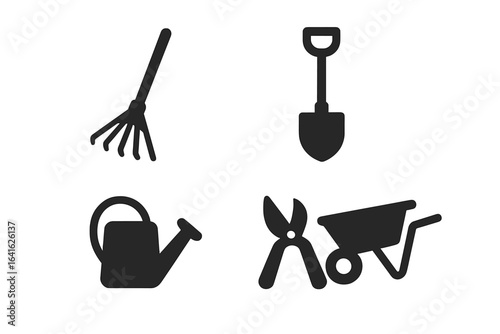 Garden tools solid filled icons set. Vector illustration of gardening equipment rake, shovel, watering can, pruning shears, wheelbarrow on transparent background. Yardwork, landscaping, agriculture.