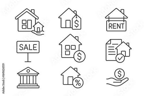 Set of linear style real estate icons including buying, selling, renting houses, mortgages, housing loans, web outline pictograms, home finance and property transaction symbols
