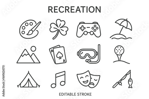 Recreation line icons set. Hobby, vacation, and entertainment symbols collection. Editable stroke vector pictograms. Art, gaming, travel, sports, and leisure activities.