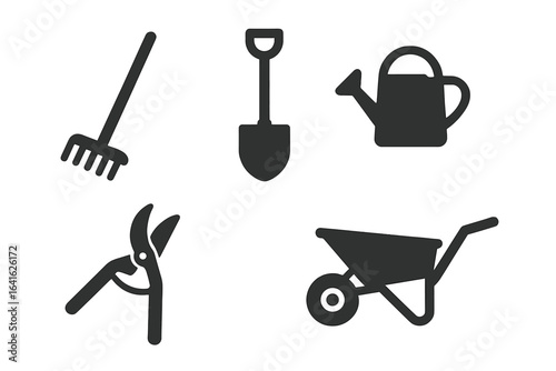 Black Silhouette Garden Tool Icon Set. Solid Filled Vector Collection with Rake, Shovel, Watering Can, Pruning Shears, Wheelbarrow. Gardening, Landscaping Equipment for Home Yard, Farm or Park