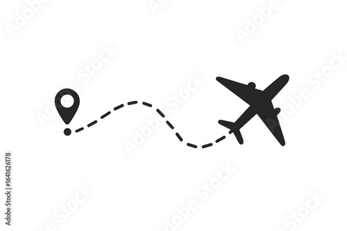 Airplane flight path vector illustration showing aircraft route from waypoint along dotted line with airplane silhouette, aviation navigation concept, flight trajectory design