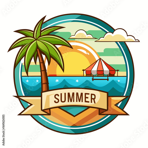 Vector art of vibrant summer emblem featuring a palm tree, beach umbrella, and ocean waves under a bright sun, symbolizing a tropical vacation and relaxation