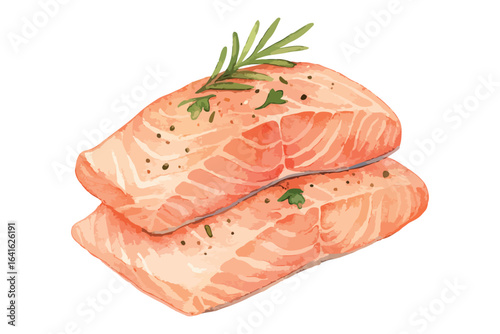 Cooked salmon fillets with herbs and spices. Vector isolated on white background.
