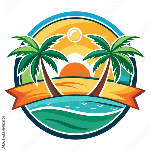 Vector art of vibrant tropical beach sunset scene with palm trees and ocean waves, perfect for summer vacation and travel themes