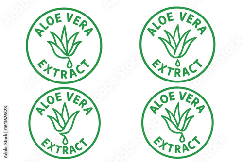 Aloe vera extract stamp set for cosmetic products. Natural organic skincare label with plant icon and drop. Green eco vegan herbal ingredient symbol for beauty packaging design.
