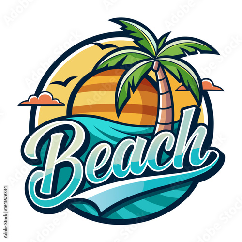 Vector art of stylized beach graphic featuring a palm tree and ocean waves with the word beach, symbolizing summer holidays and coastal destinations