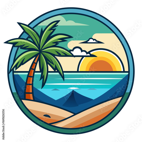 Vector art of stylized circular illustration of a tropical beach scene at sunset with a single palm tree, calm ocean, and distant mountains